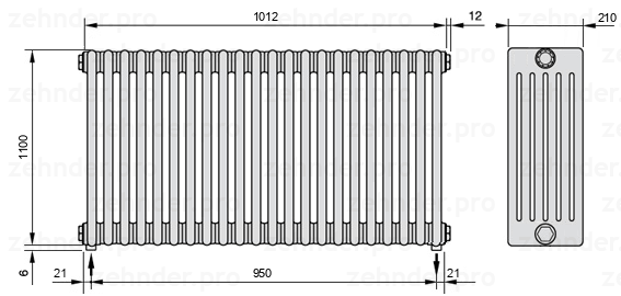 Схема (чертеж) Радиатор Zehnder Charleston 6110/22 №3570 Белый глянцевый RAL 9016